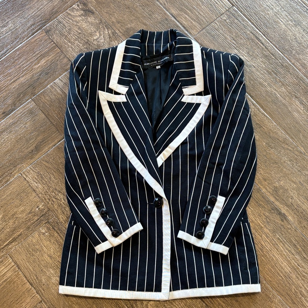 Jean-Louise Schererr Navy Pinstripe Blazer with White Trim